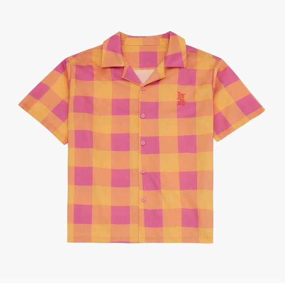 NEW Sz M Medium Les Girls Les Boys Giant Gingham Orange Pink Print Pajama Shirt - Picture 1 of 8